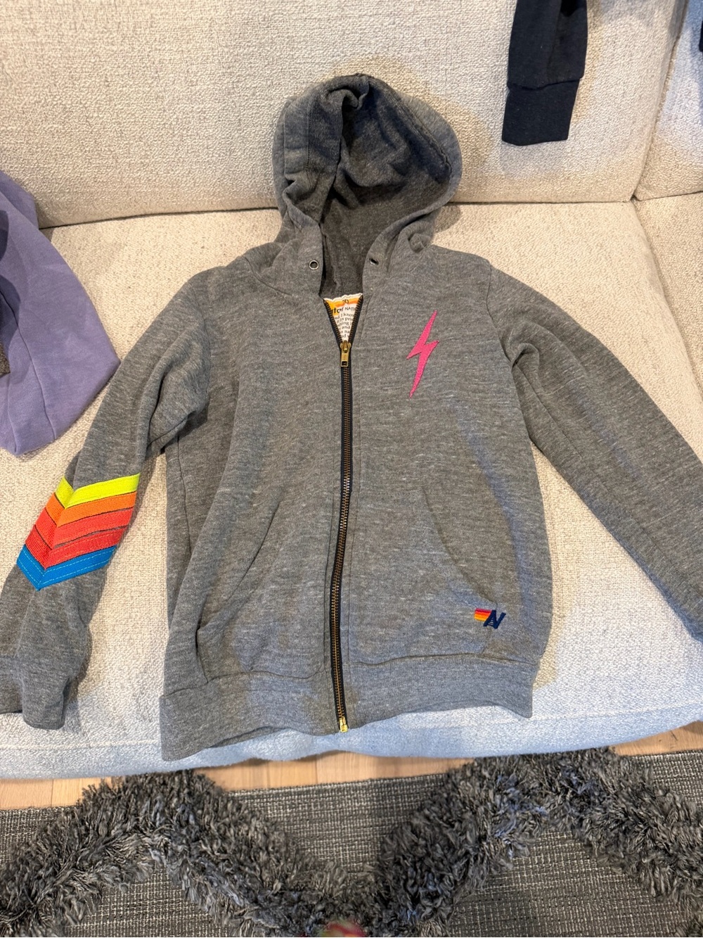 Aviator nation Grey Zip Hoodie with Rainbow Chevron Sleeve size 10 boy girl